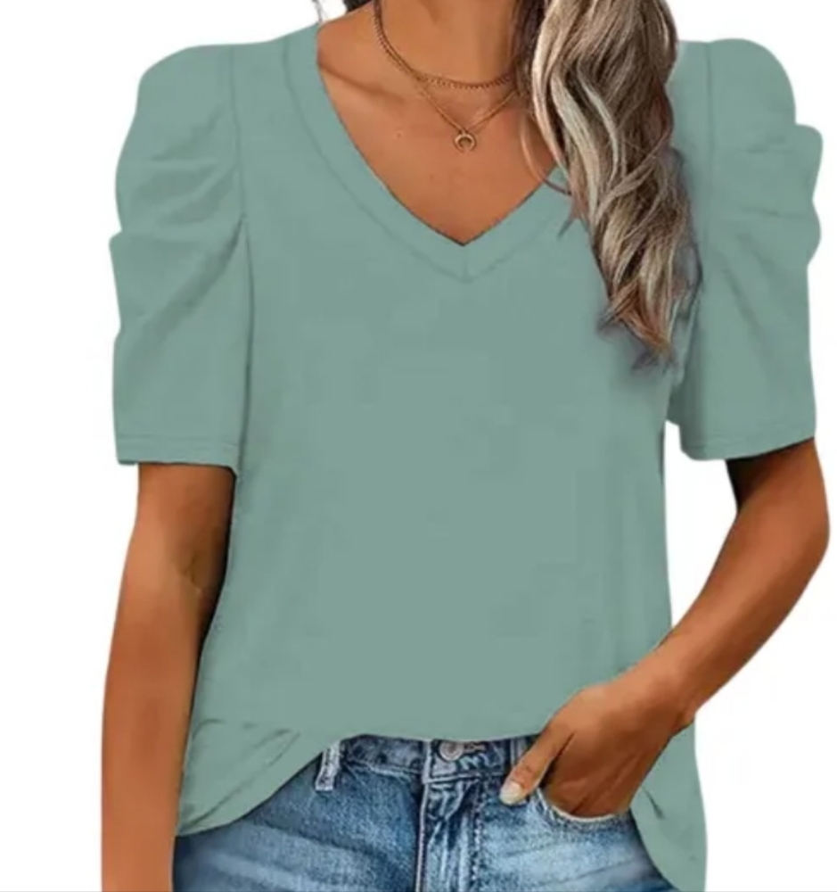 Green Puff Sleeve V-Neck T-Shirt Size M (8-10)
